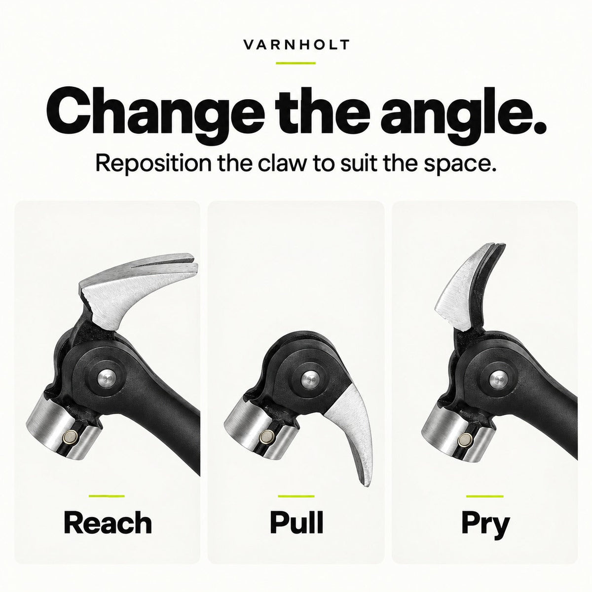 Three illustrated claw positions showing the adjustable working angle