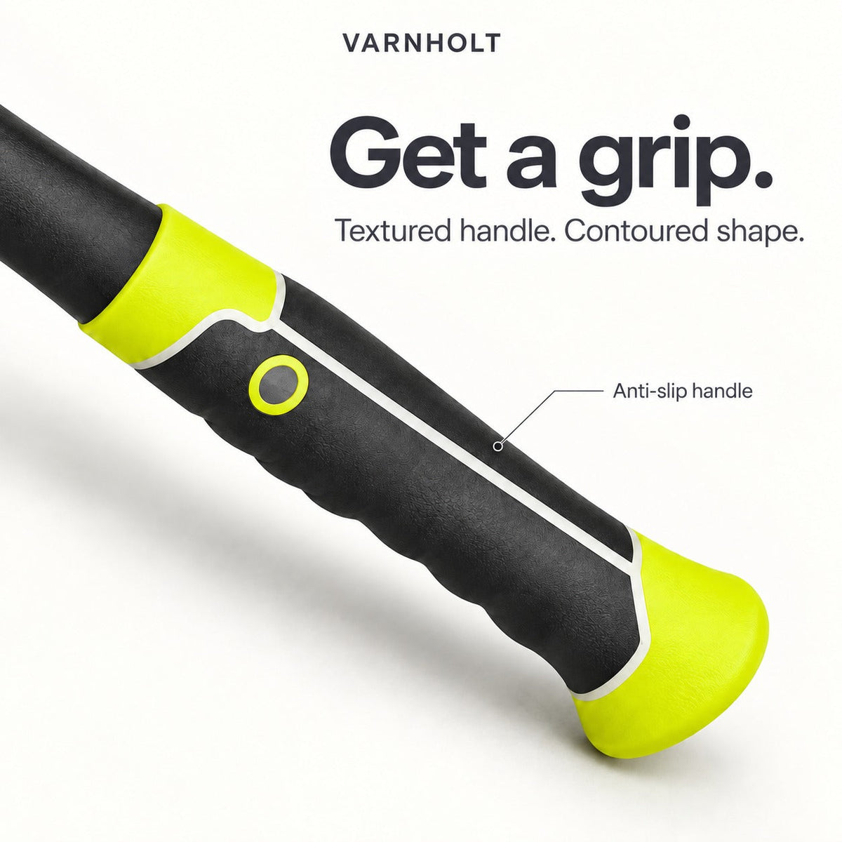 Close-up of the contoured black and lime anti-slip handle
